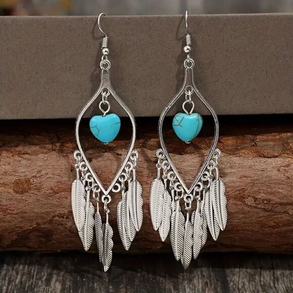 New - Boho Feather Tassel Heart Turquoise Dangle Earrings - Picture 6 of 9